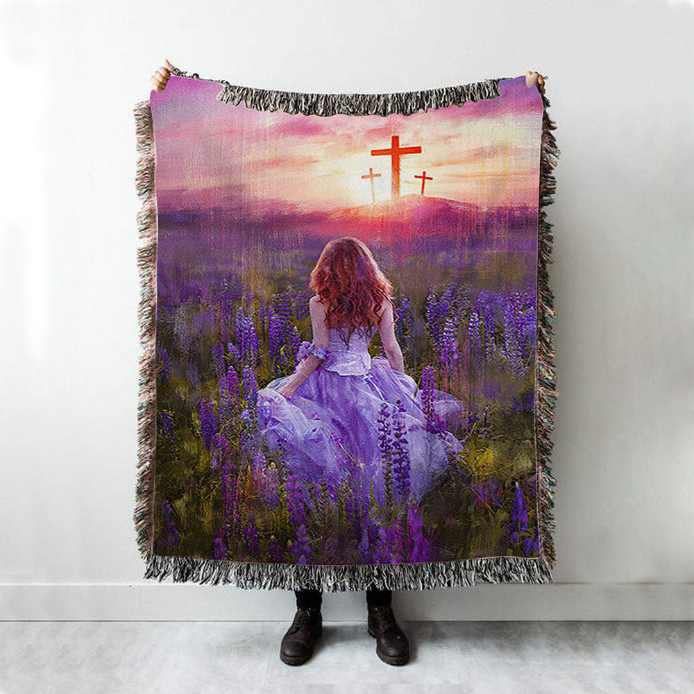 Beautiful Girl In The Lavender Field Cross Woven Throw Blanket - Christian Woven Blanket Prints - Bible Verse Woven Blanket Art
