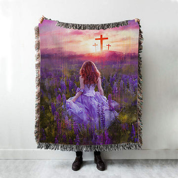 Beautiful Girl In The Lavender Field Cross Woven Throw Blanket - Christian Woven Blanket Prints - Bible Verse Woven Blanket Art