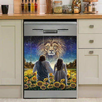 Beautiful Girl Lion Walking With Jesus Sunflower Field Dishwasher Cover, Christian Dishwasher Magnet Cover, Bible Verse Kitchen Decor