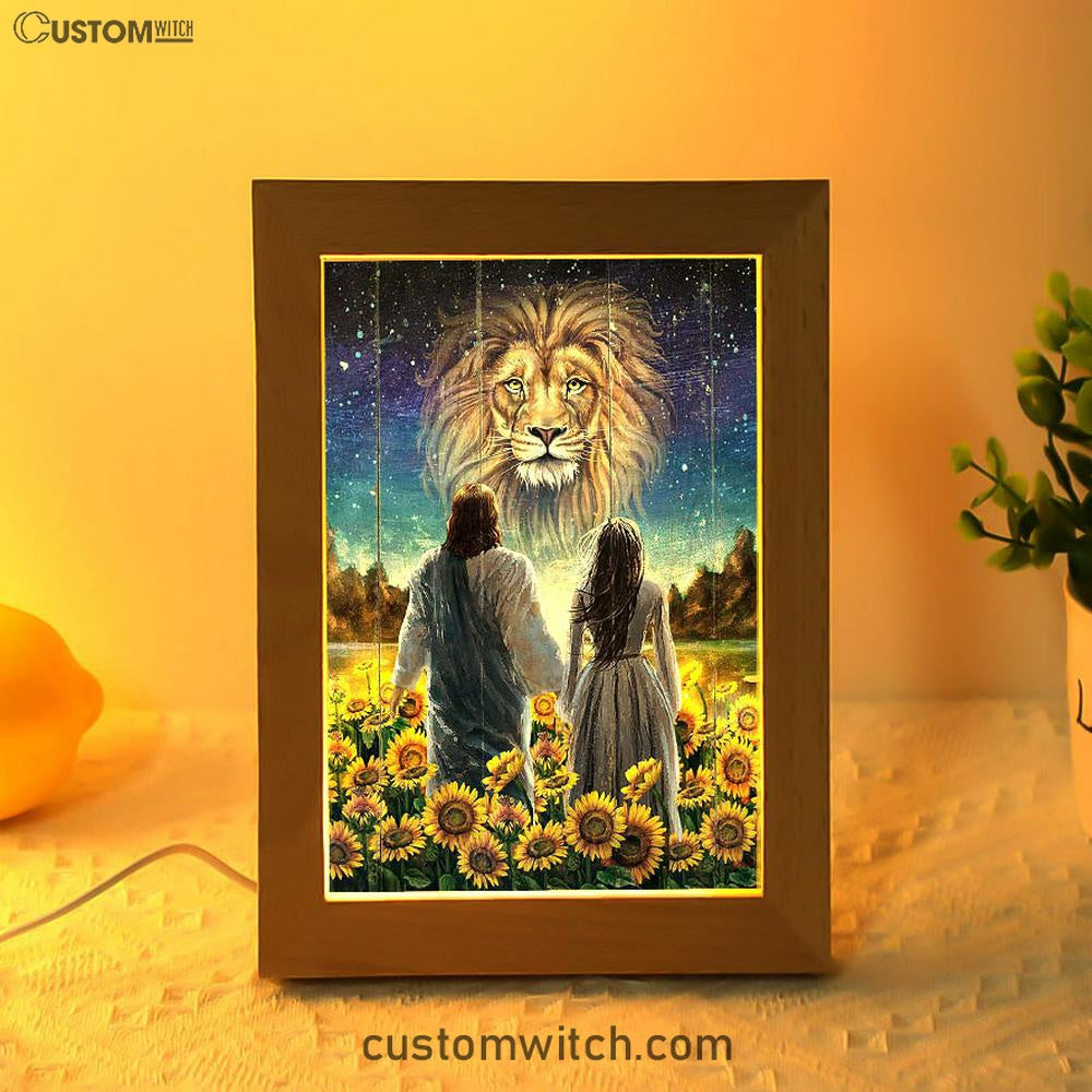 Beautiful Girl Lion Walking With Jesus Sunflower Field Frame Lamp Art - Christian Art - Bible Verse Art - Religious Home Decor