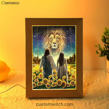Beautiful Girl Lion Walking With Jesus Sunflower Field Frame Lamp Art - Christian Art - Bible Verse Art - Religious Home Decor