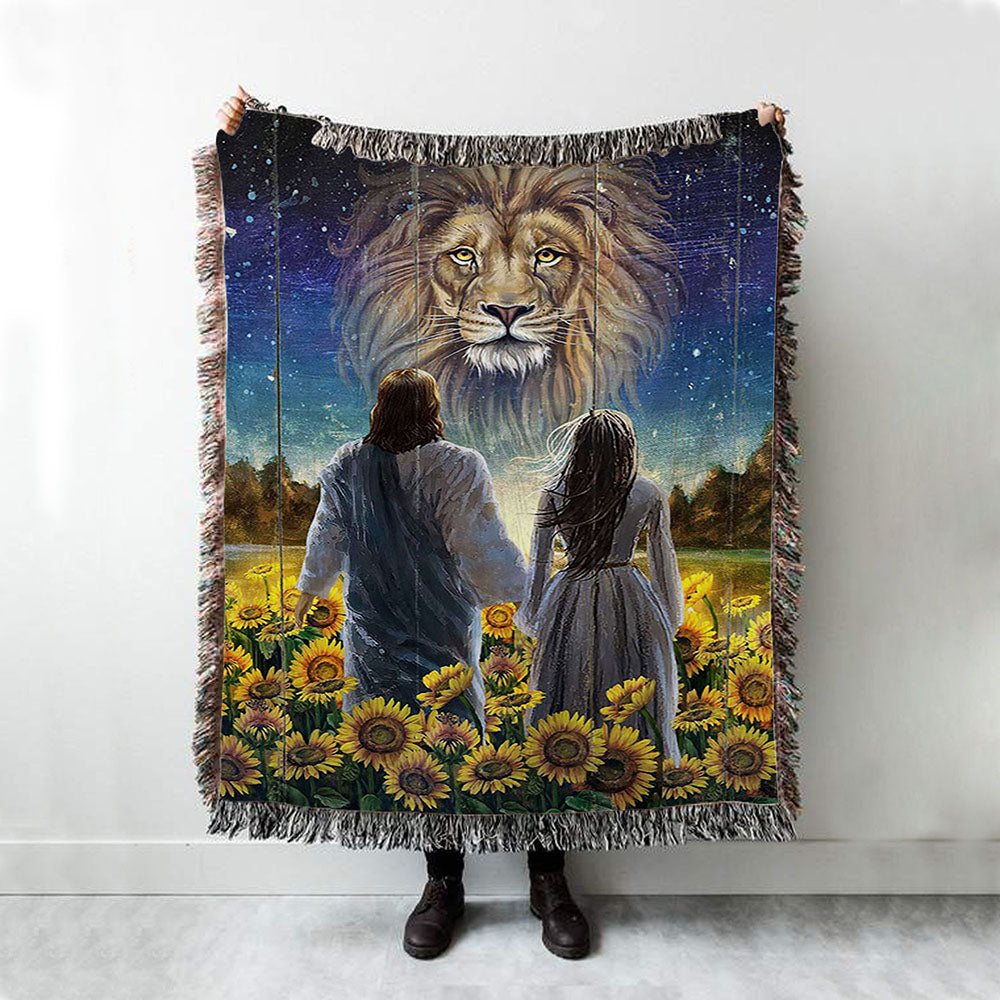 Beautiful Girl Lion Walking With Jesus Sunflower Field Woven Blanket Art - Christian Art - Bible Verse Throw Blanket - Religious Home Decor