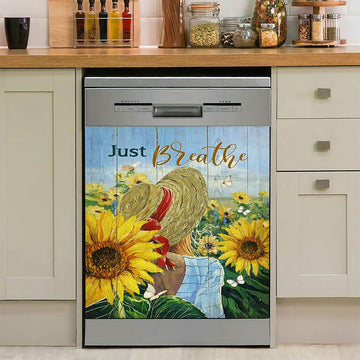 Beautiful Girl Sunflower Just Breathe Dishwasher Cover, Christian Dishwasher Magnet Cover, Bible Verse Kitchen Decor