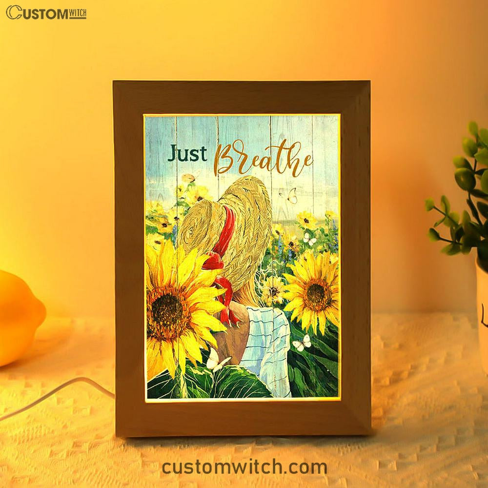 Beautiful Girl Sunflower Just Breathe Frame Lamp Art - Christian Night Light - Bible Verse Wooden Lamp