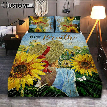 Beautiful Girl Sunflower Just Breathe Quilt Bedding Set Bedroom - Christian Quilt Bedding Set Prints - Bible Verse Quilt Bedding Set Art