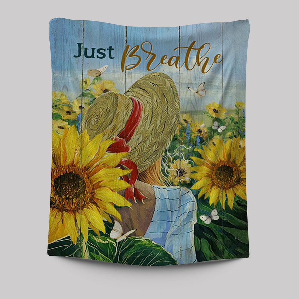 Beautiful Girl Sunflower Just Breathe Tapestry Wall Art - Christian Tapestries Prints - Bible Verse Tapestry Art