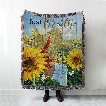 Beautiful Girl Sunflower Just Breathe Woven Throw Blanket - Christian Woven Blanket Prints - Bible Verse Woven Blanket Art
