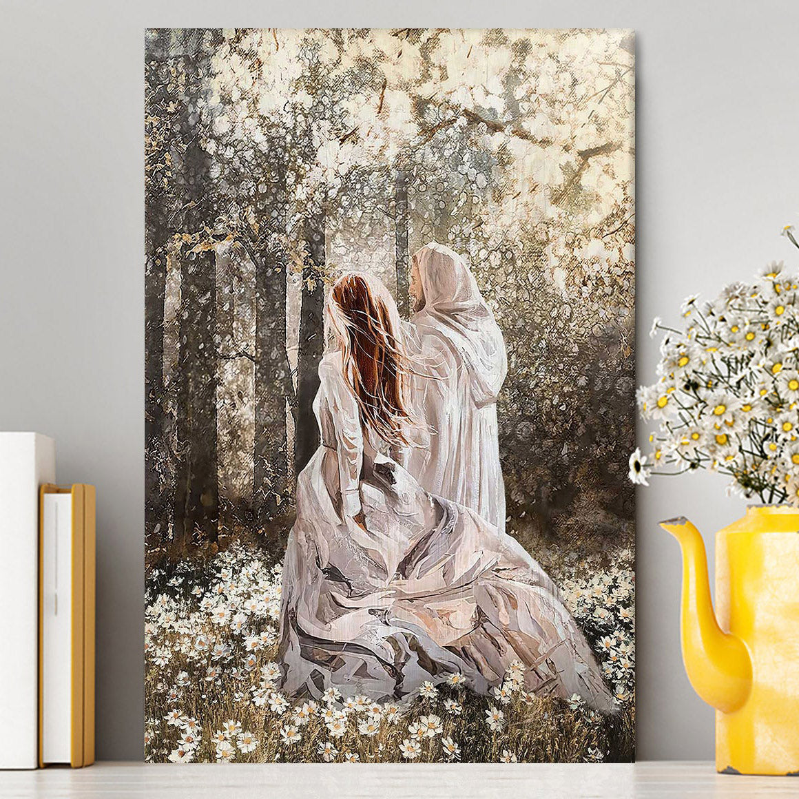 Beautiful Girl Walking With Jesus Among The Flower Field Canvas Art - Christian Art - Bible Verse Wall Art - Religious Home Decor