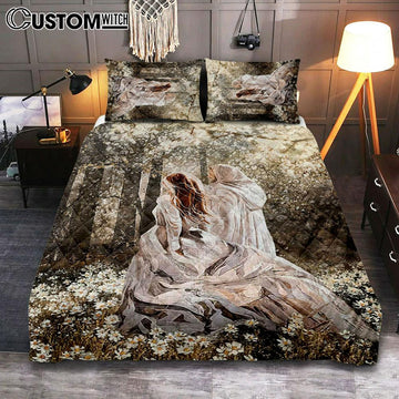 Beautiful Girl Walking With Jesus Among The Flower Field Quilt Bedding Set Art - Christian Art - Bible Verse Bedroom - Religious Home Decor