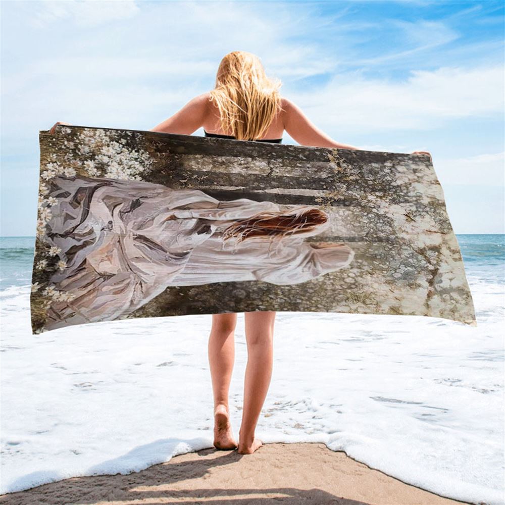 Beautiful Girl Walking With Jesus In The Flower Field Beach Towel, Christian Beach Towel, Christian Gift, Gift For Women