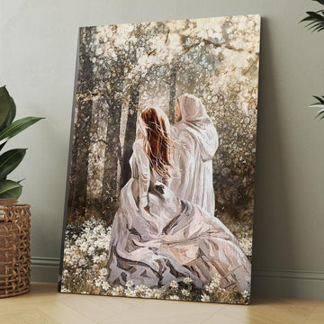 Beautiful Girl Walking With Jesus In The Flower Field Canvas, Christmas Gift for Christian