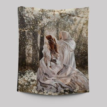 Beautiful Girl Walking With Jesus In The Flower Field Tapestry