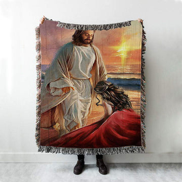 Beautiful Sunset Kneeling Before God Woven Blanket Art - Bible Verse Throw Blanket - Christian Inspirational Boho Blanket