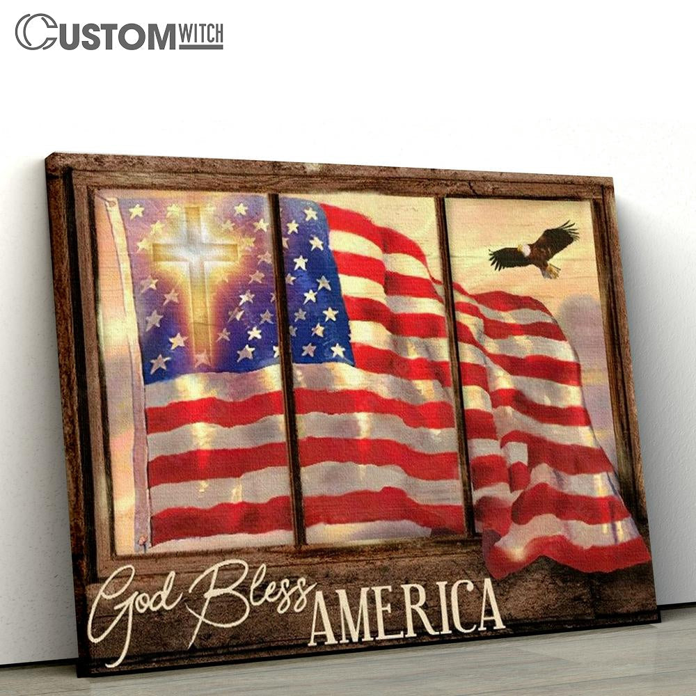 Beautiful Us Flag Vintage Window God Bless America Canvas Poster