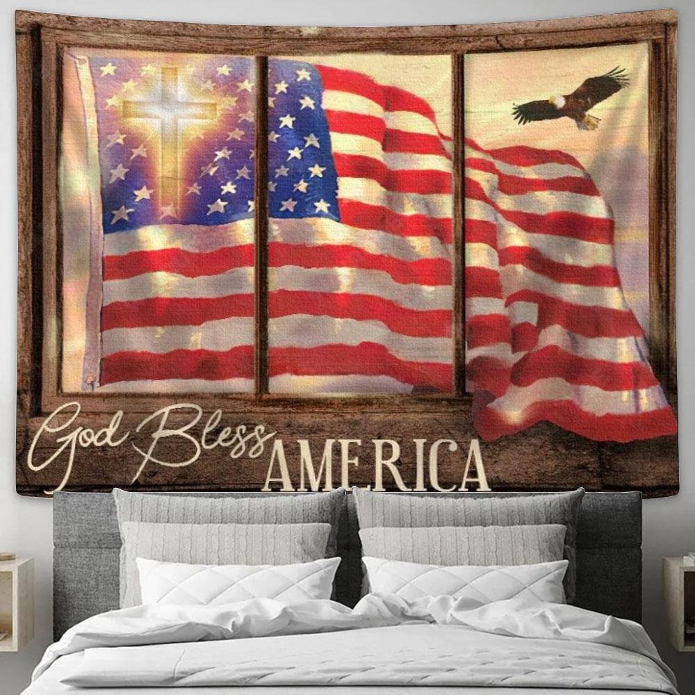 Beautiful Us Flag Vintage Window God Bless America Tapestry, Tapestries for Living Room Bedroom