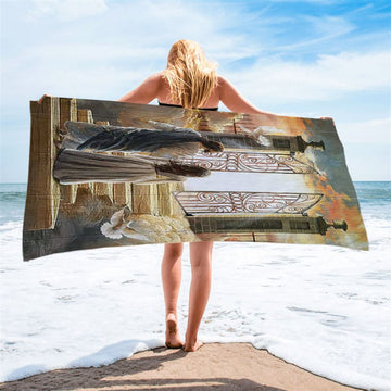 Beautiful Woman And Jesus Flying Dove Heaven Door Beach Towel - Bible Verse Beach Towel - Inspirational Art - Christian Beach Towel