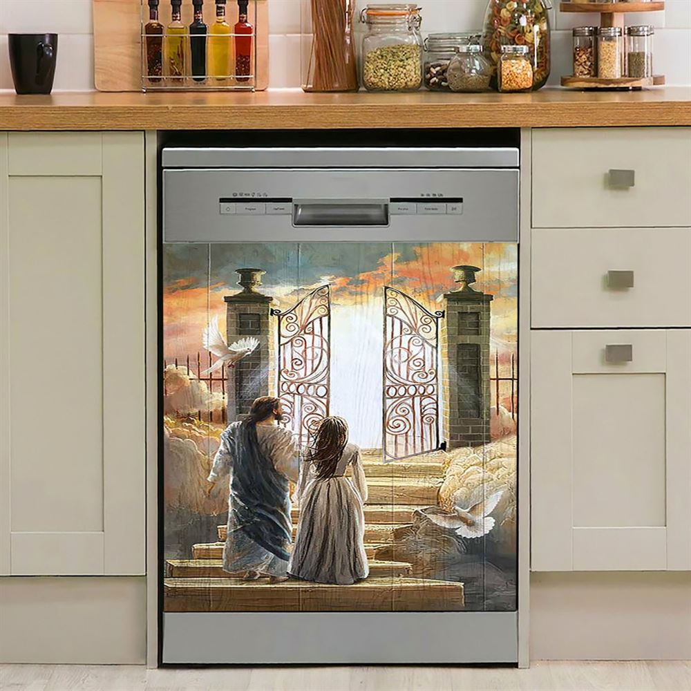 Beautiful Woman And Jesus Flying Dove Heaven Door Dishwasher Cover, Bible Verse Dishwasher Magnet Cover, Inspirational Kitchen Decor