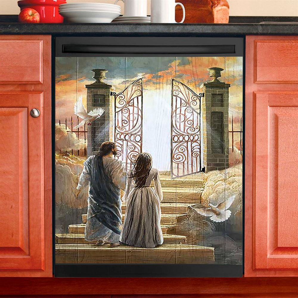 Beautiful Woman And Jesus Flying Dove Heaven Door Dishwasher Cover, Bible Verse Dishwasher Magnet Cover, Inspirational Kitchen Decor