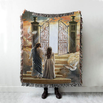 Beautiful Woman And Jesus Flying Dove Heaven Door Woven Throw Blanket - Bible Verse Woven Blanket Art - Inspirational Art - Christian Home Decor