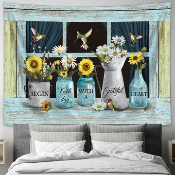 Begin Each Day With A Grateful Heart Sunflower Daisy Tapestry Prints - Religious Tapestry Art - Christian Home Decor