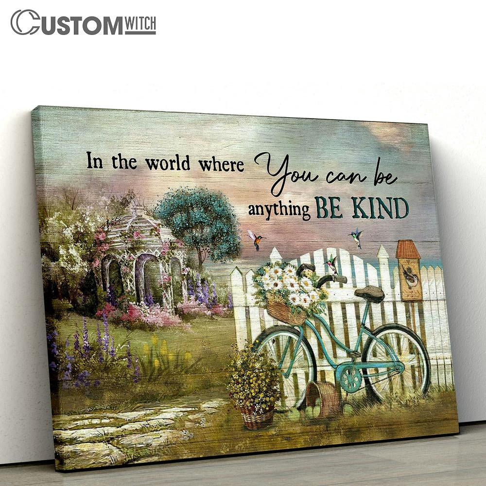 Bicycle Daisy Flower Wicker Baskets Pergola With Wisteria Be Kind Canvas Wall Art - Bible Verse Canvas - Religious Prints