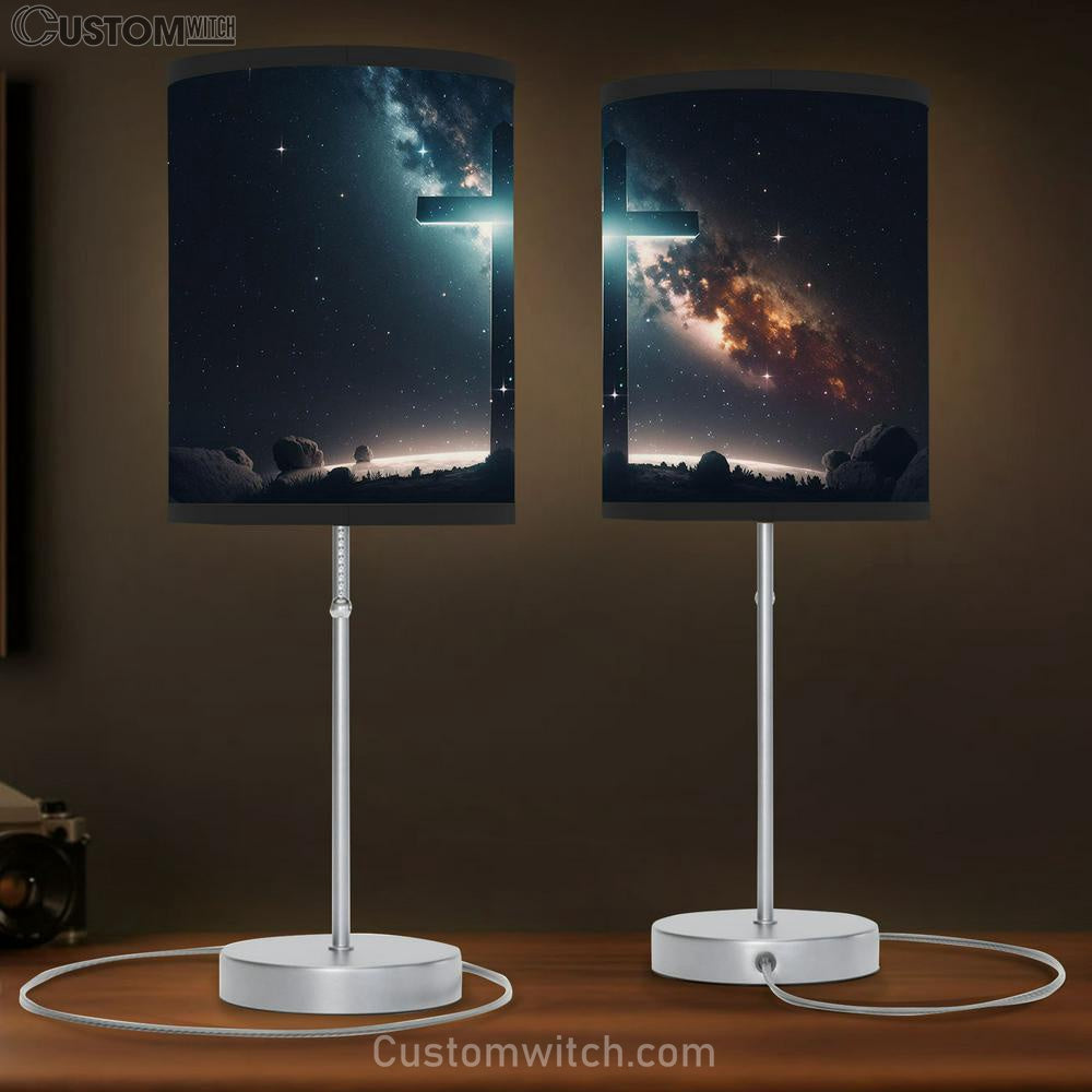 Big Cross Against Background Night Starry Sky Table Lamp Pictures - Faith Art - Christian Table Lamp Gift Decor