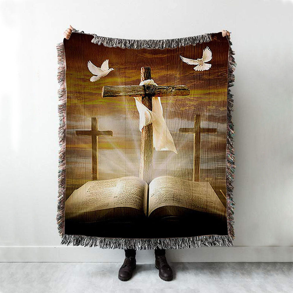Big Cross Amazing Halo Bible White Dove Woven Throw Blanket - Bible Verse Woven Blanket Art - Inspirational Art - Christian Home Decor