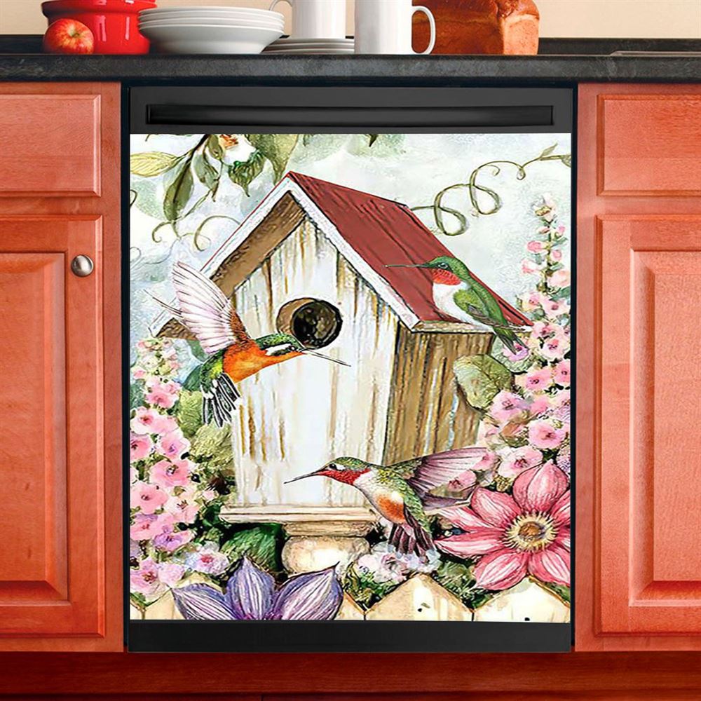 Birdhouse Hummingbird Pink Flower Garden Dishwasher Cover, Christian Dishwasher Magnet Cover, Bible Verse Kitchen Decor