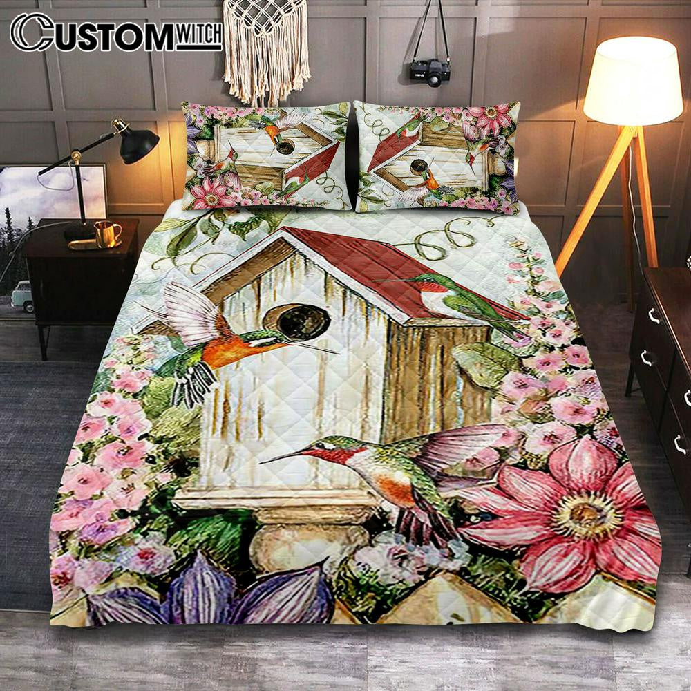 Birdhouse Hummingbird Pink Flower Garden Quilt Bedding Set Bedroom - Christian Quilt Bedding Set Prints - Bible Verse Quilt Bedding Set Art