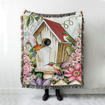 Birdhouse Hummingbird Pink Flower Garden Woven Throw Blanket - Christian Woven Blanket Prints - Bible Verse Woven Blanket Art