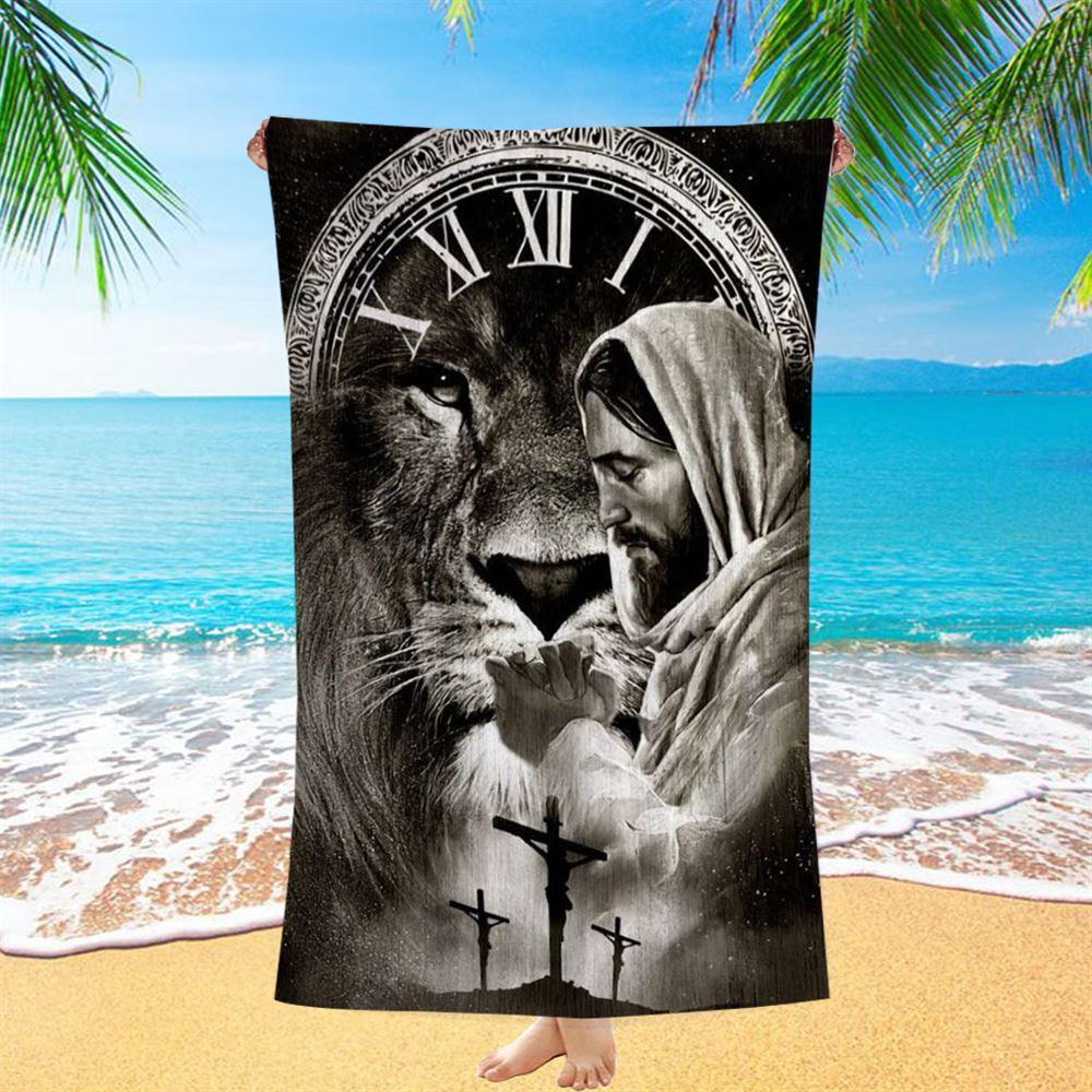 Black And White Drawing Jesus Pray For Healing Lion Of Judah Cross Beach Towel, Christian Beach Towel, Christian Gift, Gift For Women
