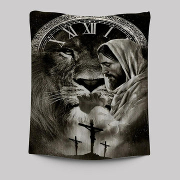 Black And White Drawing Jesus Pray For Healing Lion Of Judah Cross Tapestry
