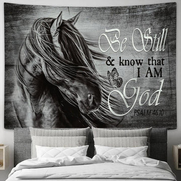 Black And White Horse Be Still And Know That I Am God Wall Art Tapestry - Christian Wall Art - Religious Art