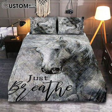 Black And White Horse Just Breathe Quilt Bedding Set Bedroom - Christian Cover Twin Bedding Quilt Bedding Set - Gift For Horse Lover