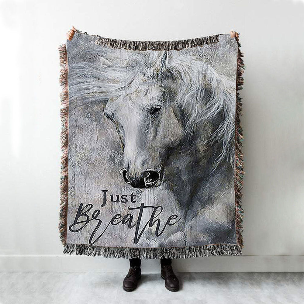 Black And White Horse Just Breathe Woven Throw Blanket - Christian Wall Woven Blanket - Gift For Horse Lover