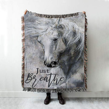 Black And White Horse Just Breathe Woven Throw Blanket - Christian Wall Woven Blanket - Gift For Horse Lover