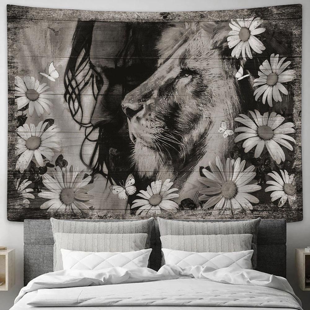Black And White Jesus Lion Daisy , Wall Art Tapestry - Christian Wall Art - Religious Art