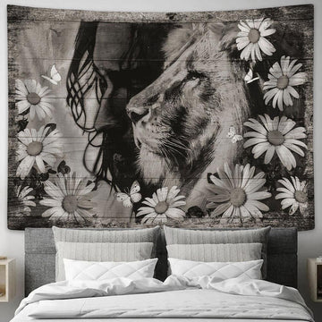 Black And White Jesus Lion Daisy , Wall Art Tapestry - Christian Wall Art - Religious Art