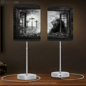 Black And White Lion And Lamp Of God Three Rugged Crosses Lamp Gift Table Lamp - Christian Lamp Gift - Religious Art