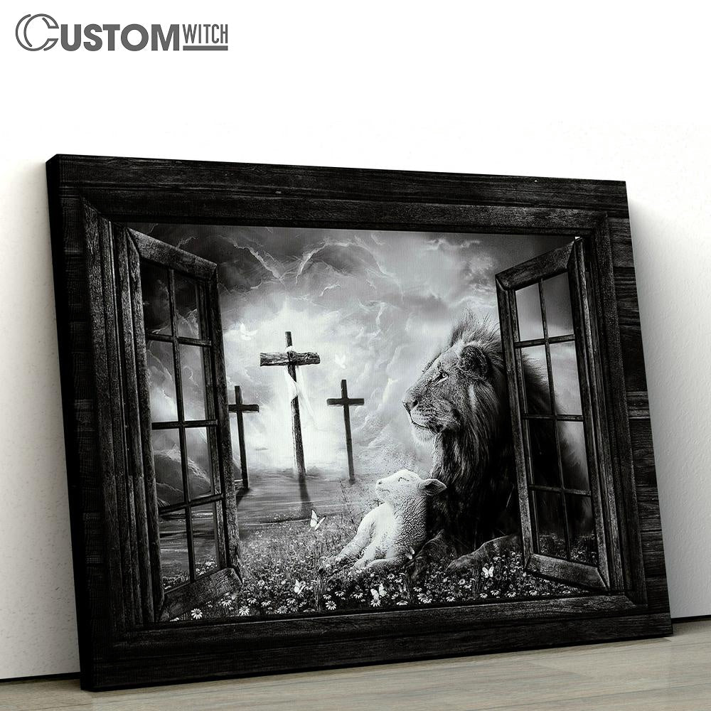 Black And White Lion And Lamb Of God Three Rugged Crosses Wall Art Canvas - Christian Wall Art - Religious Art