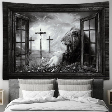 Black And White Lion And Lamb Of God Three Rugged Crosses Wall Art Tapestry - Christian Wall Art - Religious Art