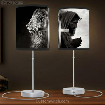 Black And White Lion Of Judah And Jesus Pray Table Lamp Gift - Bible Verse Table Lamp - Religious Bedroom Decor