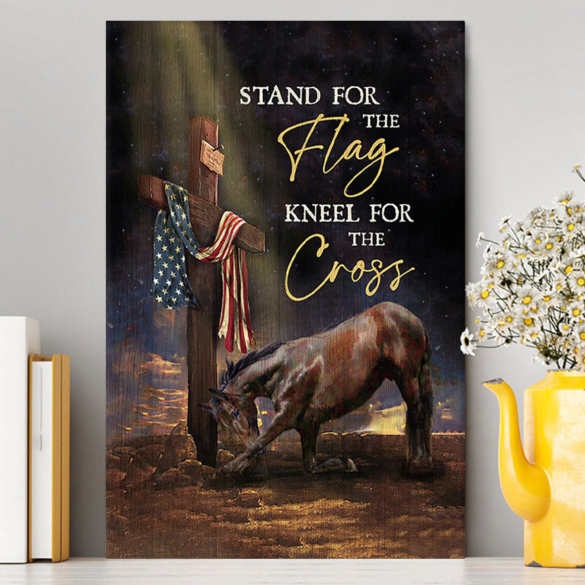 Black Horse Cross Stand For The Flag Canvas Wall Art - Bible Verse Canvas Art - Inspirational Art - Christian Home Decor