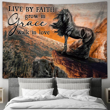 Black Horse Live By Faith, Grow In Grace, Walk In Love Wall Art Tapestry - Christian Wall Art - Religious Art