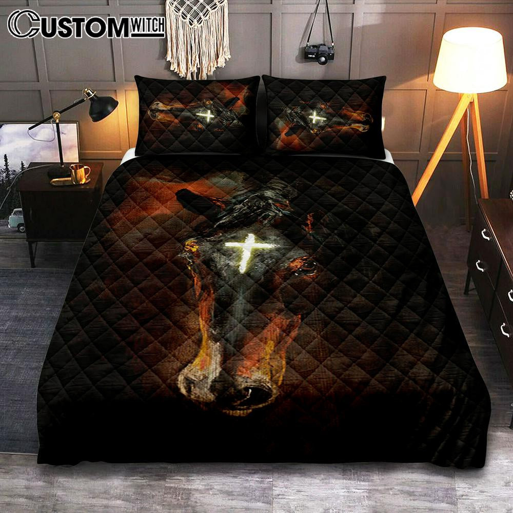 Black Horse Shinning Cross The Incredible Horse Quilt Bedding Set Bedroom - Bible Verse Quilt Bedding Set Art - Christian Home Decor