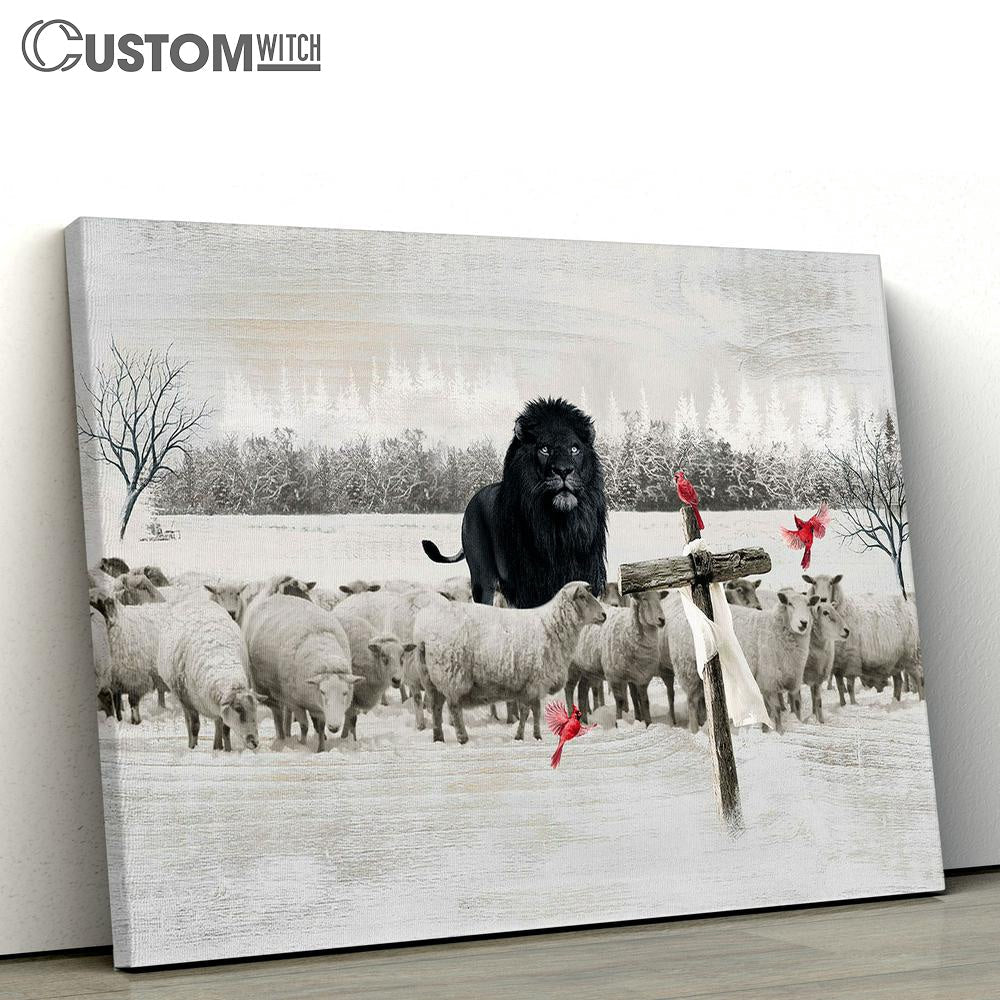 Black Lion, Lamb Farm, Red Cardinal, Cross Wall Art Canvas - Christian Wall Art - Religious Art