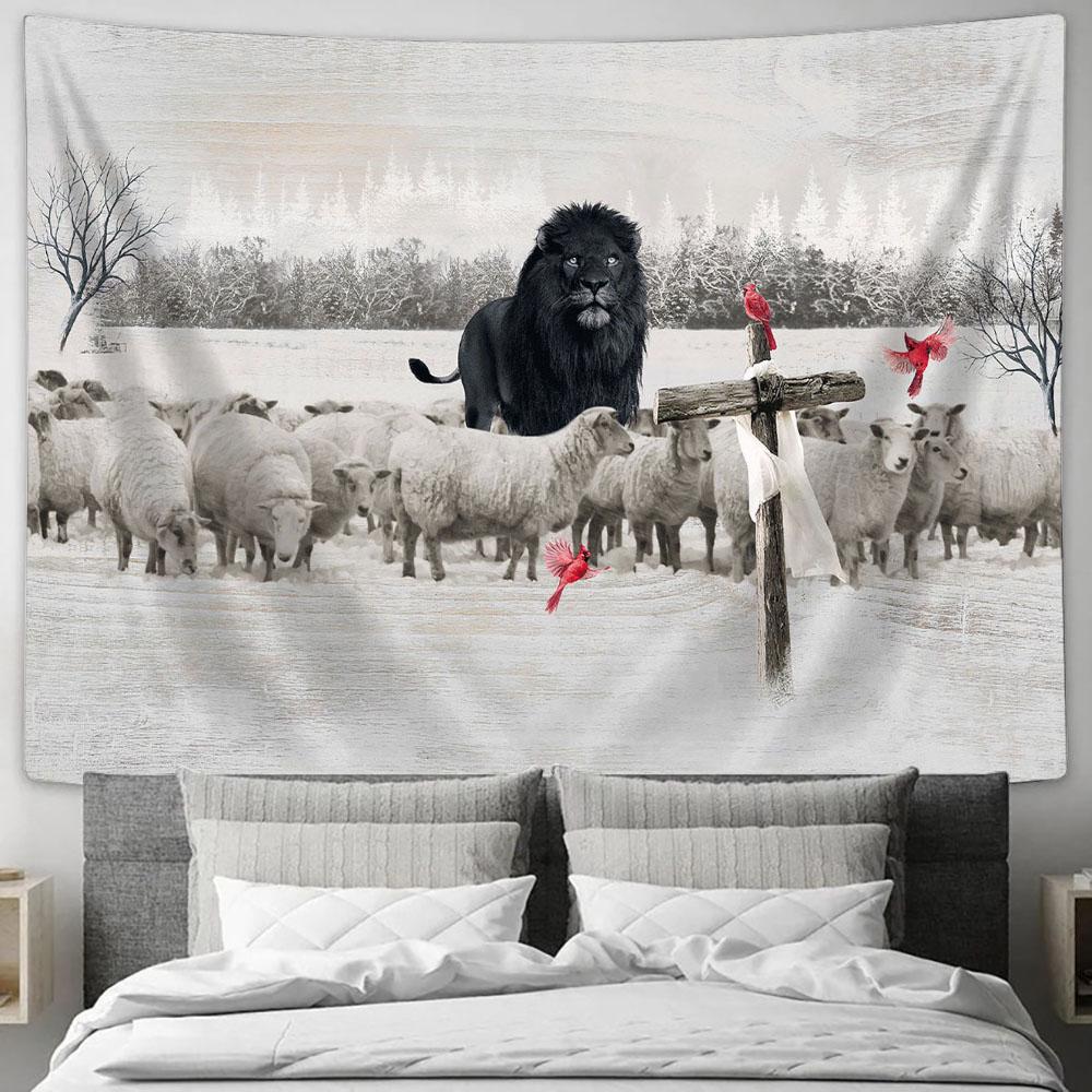 Black Lion, Lamb Farm, Red Cardinal, Cross Wall Art Tapestry - Christian Wall Art - Religious Art
