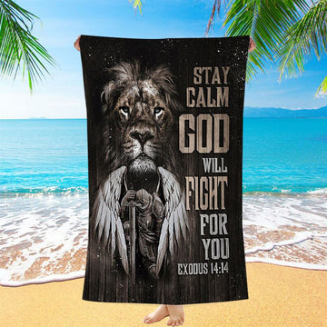Black Lion Warrior God Will Fight For You Beach Towel - Bible Verse Beach Towel - Inspirational Art - Christian Beach Towel