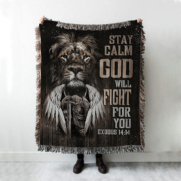 Black Lion Warrior God Will Fight For You Woven Throw Blanket - Bible Verse Woven Blanket Art - Inspirational Art - Christian Home Decor
