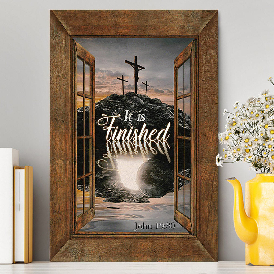 Black Rock Mountain Wooden Cross It Is Finished Canvas Wall Art - Bible Verse Canvas Art - Inspirational Art - Christian Home Decor